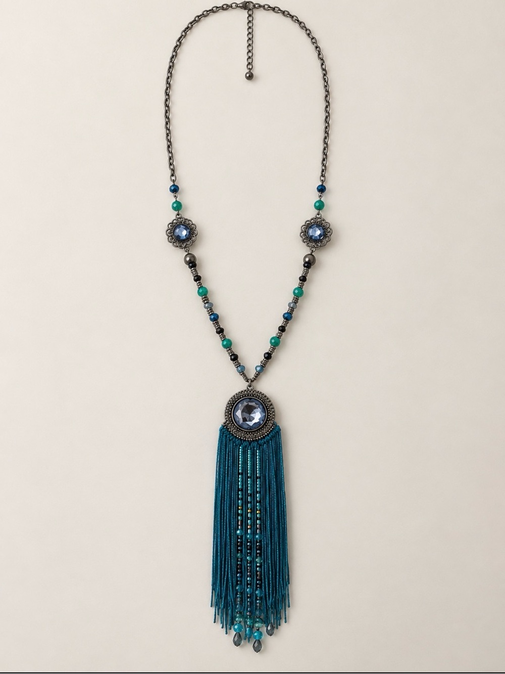 Boho Teal Turquoise Beaded Tassel Statement Necklace